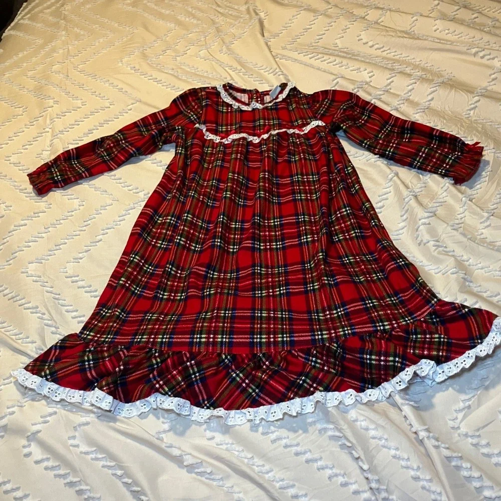 Kids Size 4T Red Plaid Nightgown Long Sleeve Lace Trim Ruffle Sleepwear